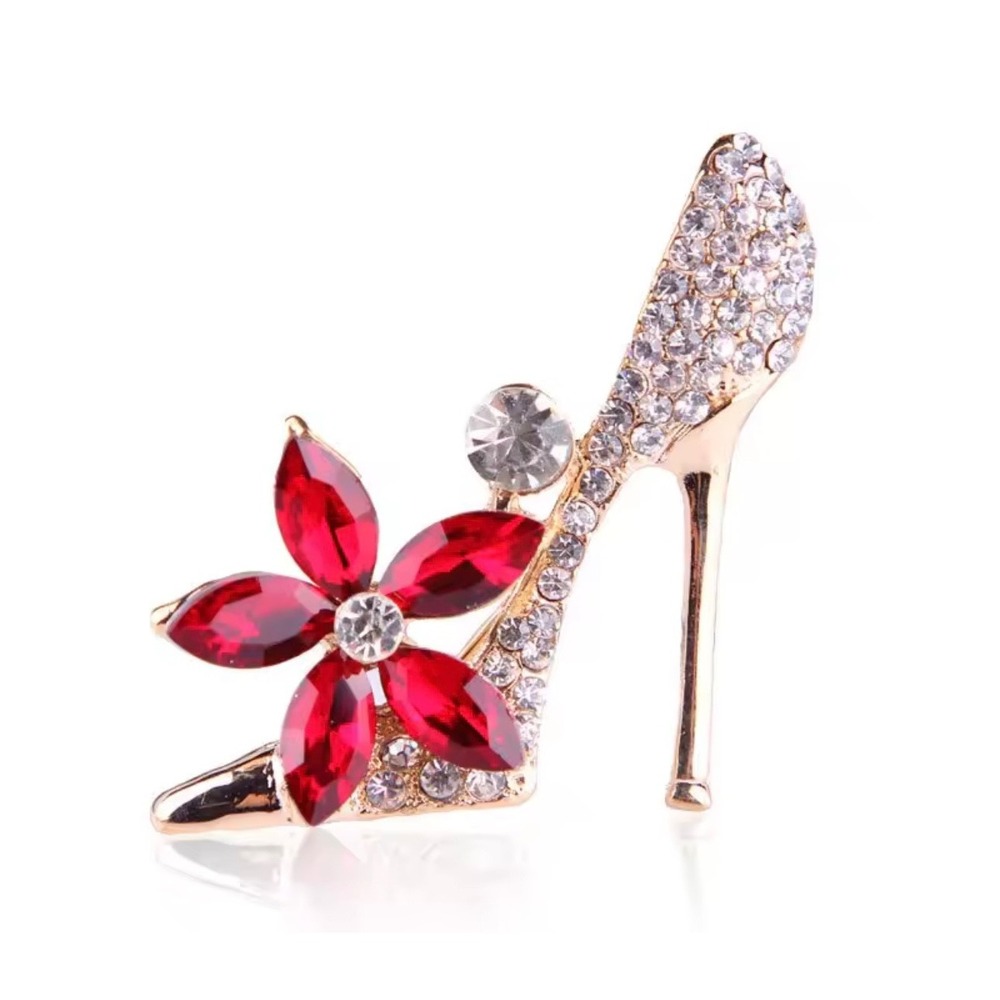 Red‎ Crystal Flower High Heel Brooch Gold Tone Rhinestone Stiletto Pin Accessory